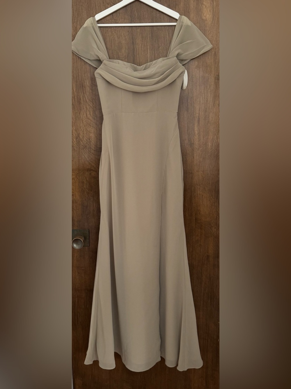 Azazie Taupe Off-Shoulder front slit lined Maxi Dress, size S wedding party chic